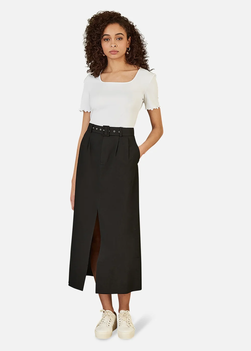 Yumi Black Cotton Midi Skirt With Belt And Split Hem - Size 8 Image 1