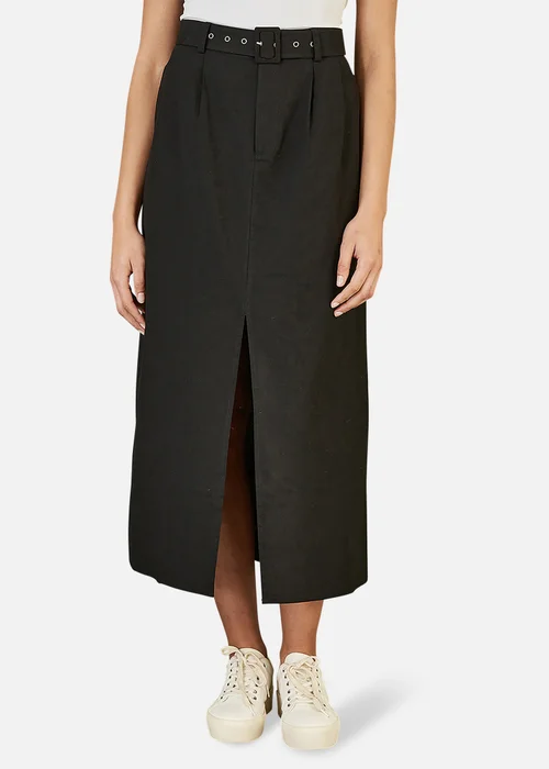 Yumi Black Cotton Midi Skirt With Belt And Split Hem - Size 8 Image 2