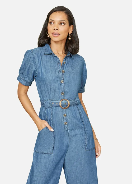 Yumi Blue Cotton Chambray Button Up Jumpsuit - 14 Image 2