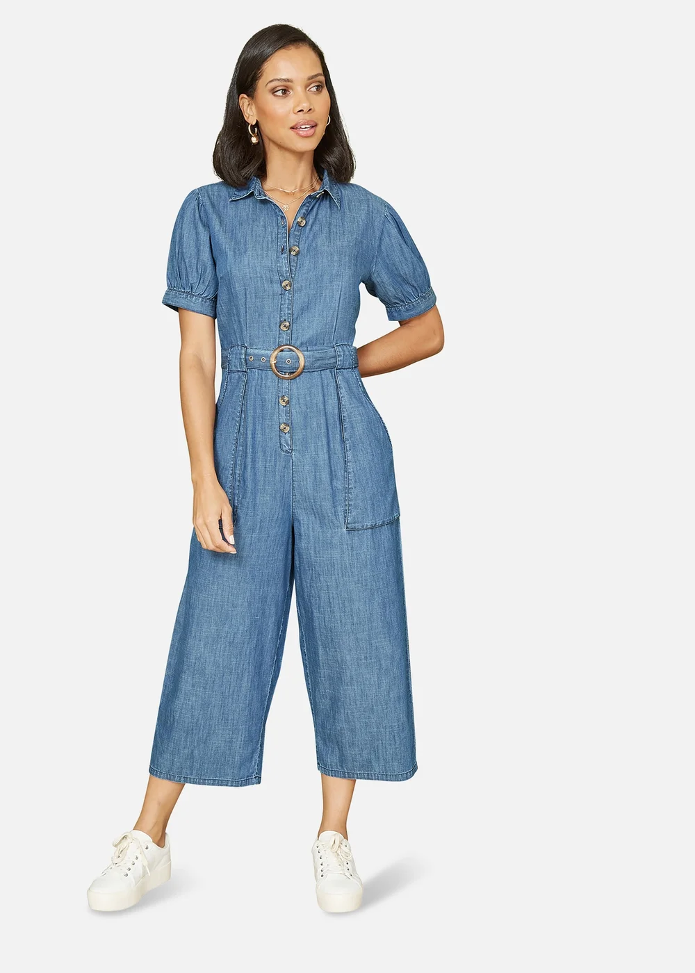 Yumi Blue Cotton Chambray Button Up Jumpsuit - 14 Image 1