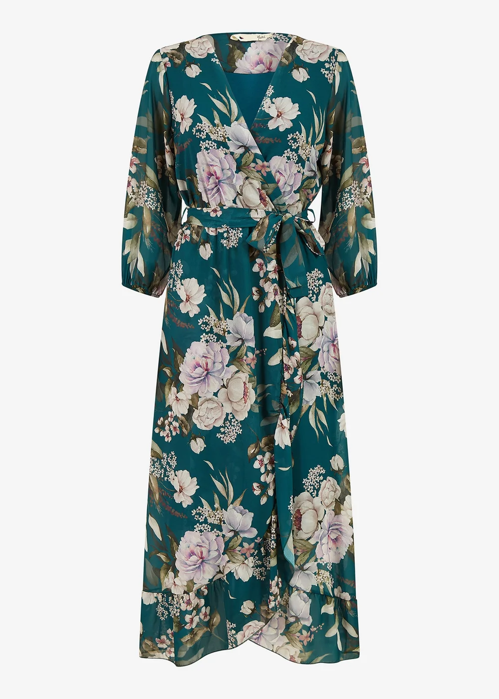 Yumi Teal Floral Wrap Dress With Frill Detail - 8 Image 3