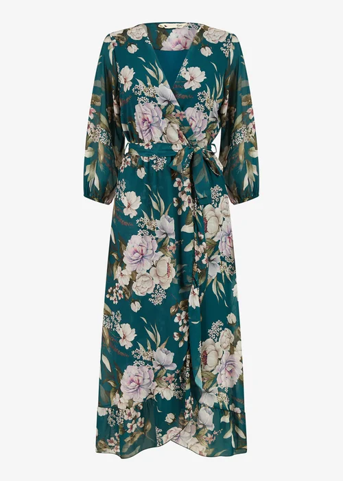 Yumi Teal Floral Wrap Dress With Frill Detail - 8 Image 3