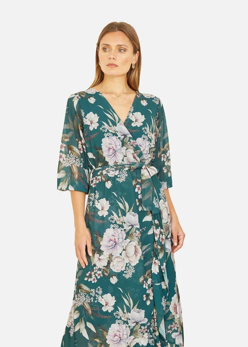 Yumi Teal Floral Wrap Dress With Frill Detail - 8 Image 2