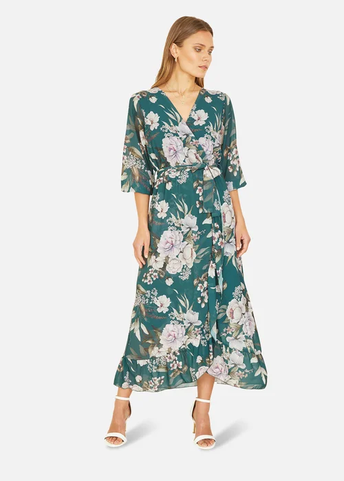 Yumi Teal Floral Wrap Dress With Frill Detail - 8 Image 1
