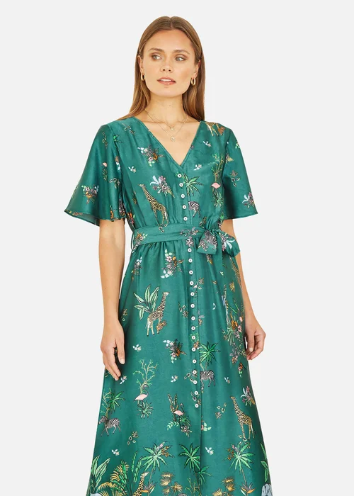 Yumi Green Satin Animal Safari Print Midi Shirt Dress - 8 Image 2