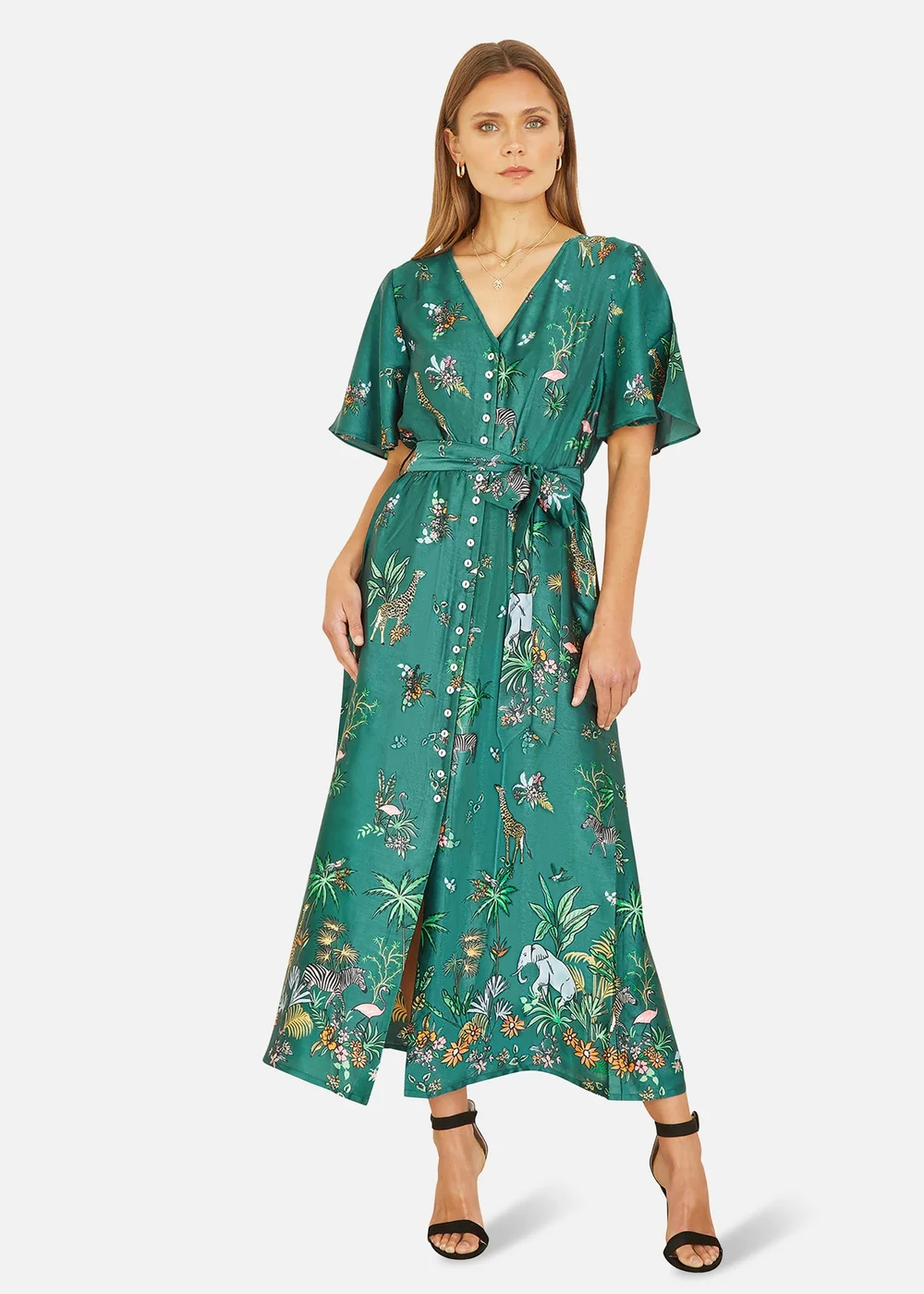 Yumi Green Satin Animal Safari Print Midi Shirt Dress - 8 Image 1