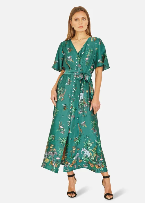 Yumi Green Satin Animal Safari Print Midi Shirt Dress - 8 Image 1
