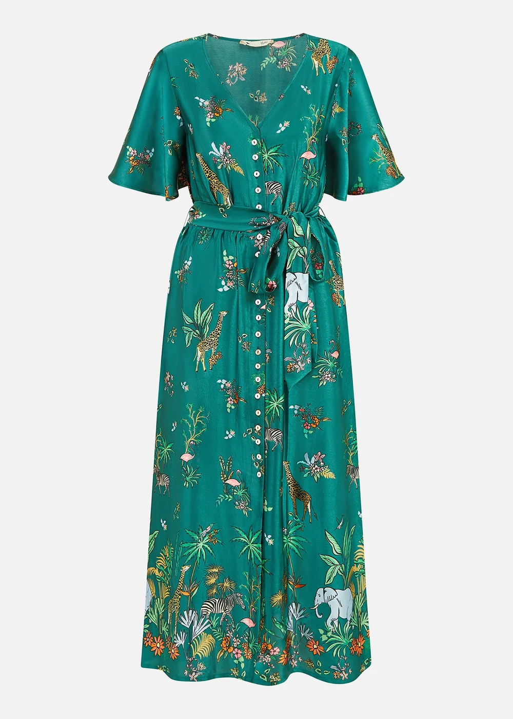 Yumi Green Satin Animal Safari Print Midi Shirt Dress - 8 Image 3