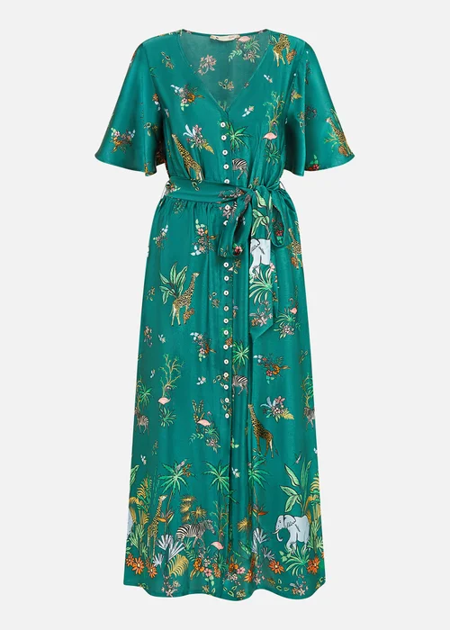 Yumi Green Satin Animal Safari Print Midi Shirt Dress - 8 Image 3