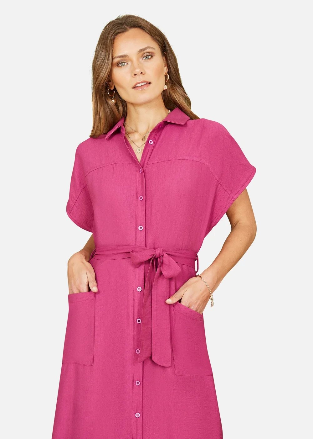 Yumi Pink Viscose Relaxed Midi Shirt Dress With Pockets - 8 Image 2