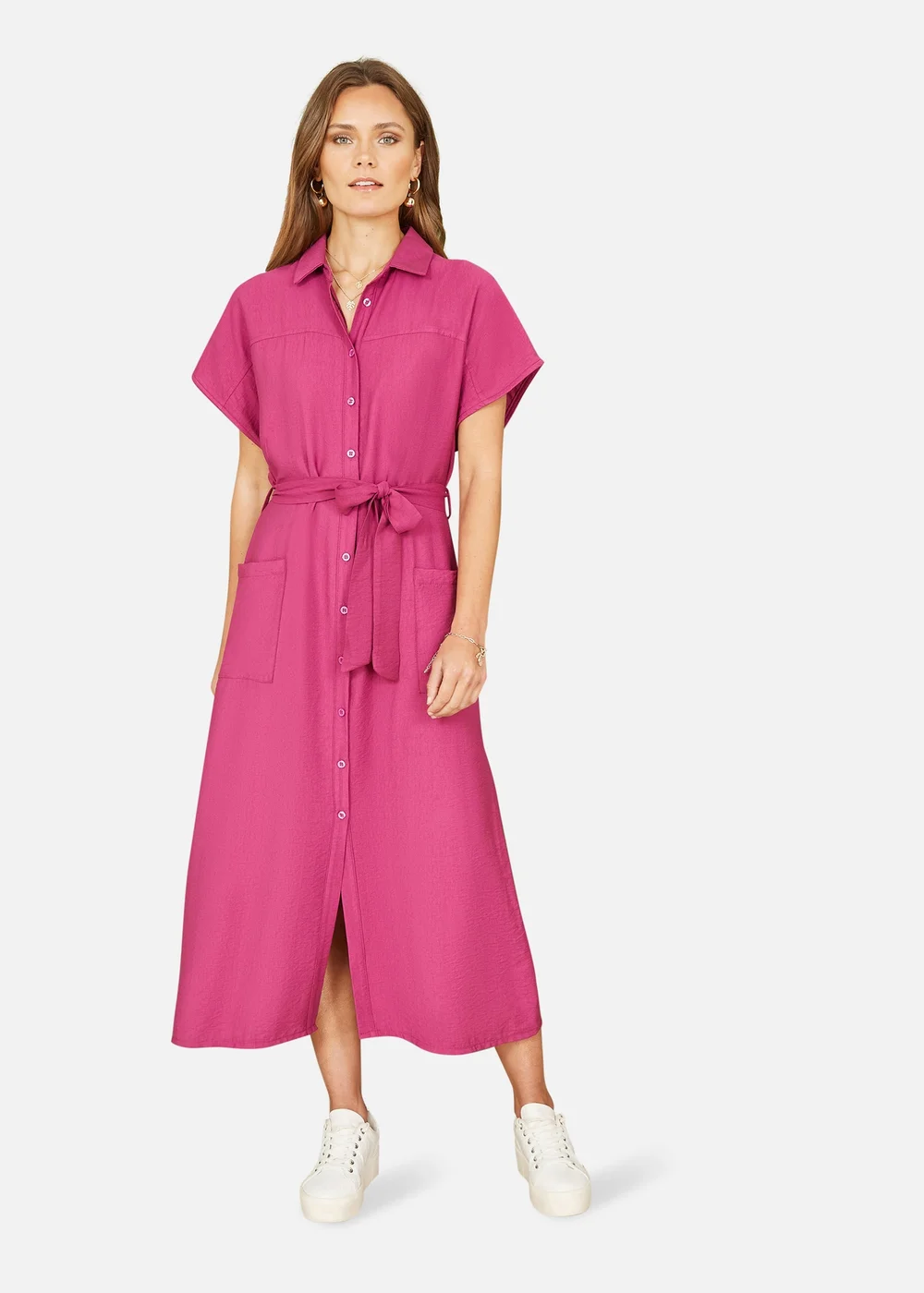 Yumi Pink Viscose Relaxed Midi Shirt Dress With Pockets - 8 Image 1