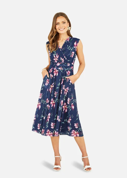 Yumi Navy Floral Print Midi Skater Dress - 26 Image 1