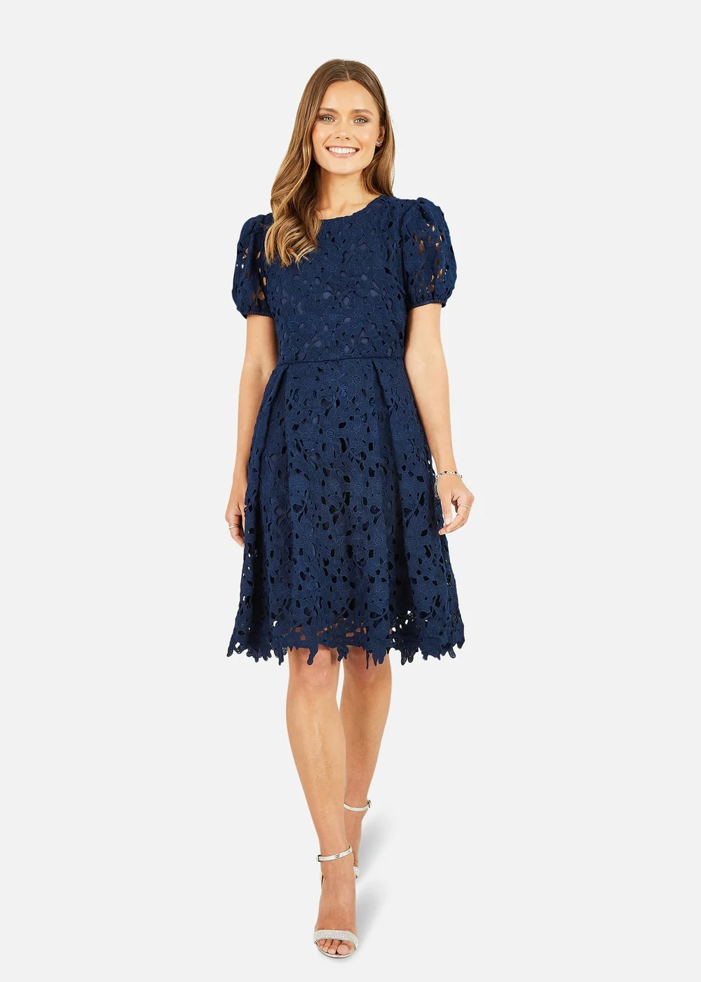 Yumi Navy Lace Skater Dress With Puff Sleeves - 10 | Matalan Yumi Navy Lace Skater Dress With Puff Sleeves - 10 | Matalan