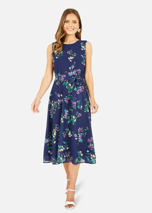 Yumi Navy Floral Print Midi Skater Dress - 16 Image 1
