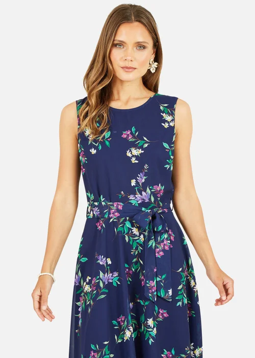 Yumi Navy Floral Print Midi Skater Dress - 16 Image 2