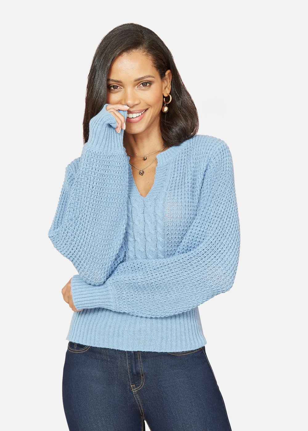 Yumi Blue Balloon Sleeve Cable Knit V Neck Jumper - S Image 2