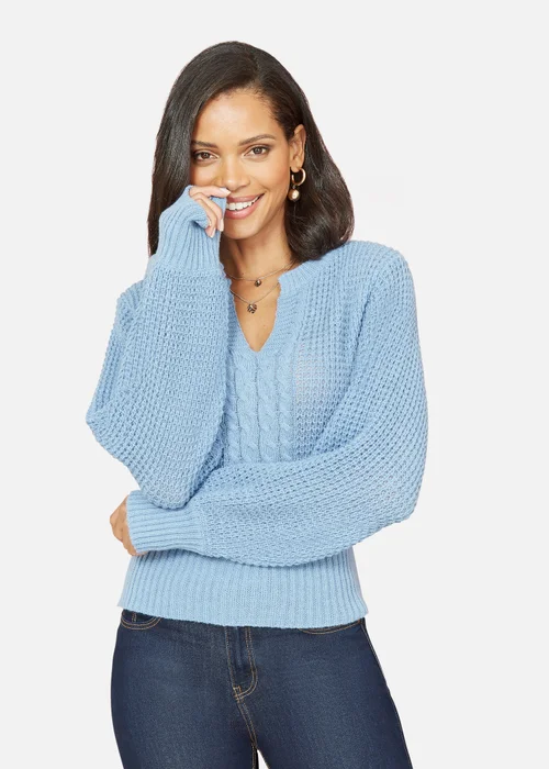 Yumi Blue Balloon Sleeve Cable Knit V Neck Jumper - S Image 2