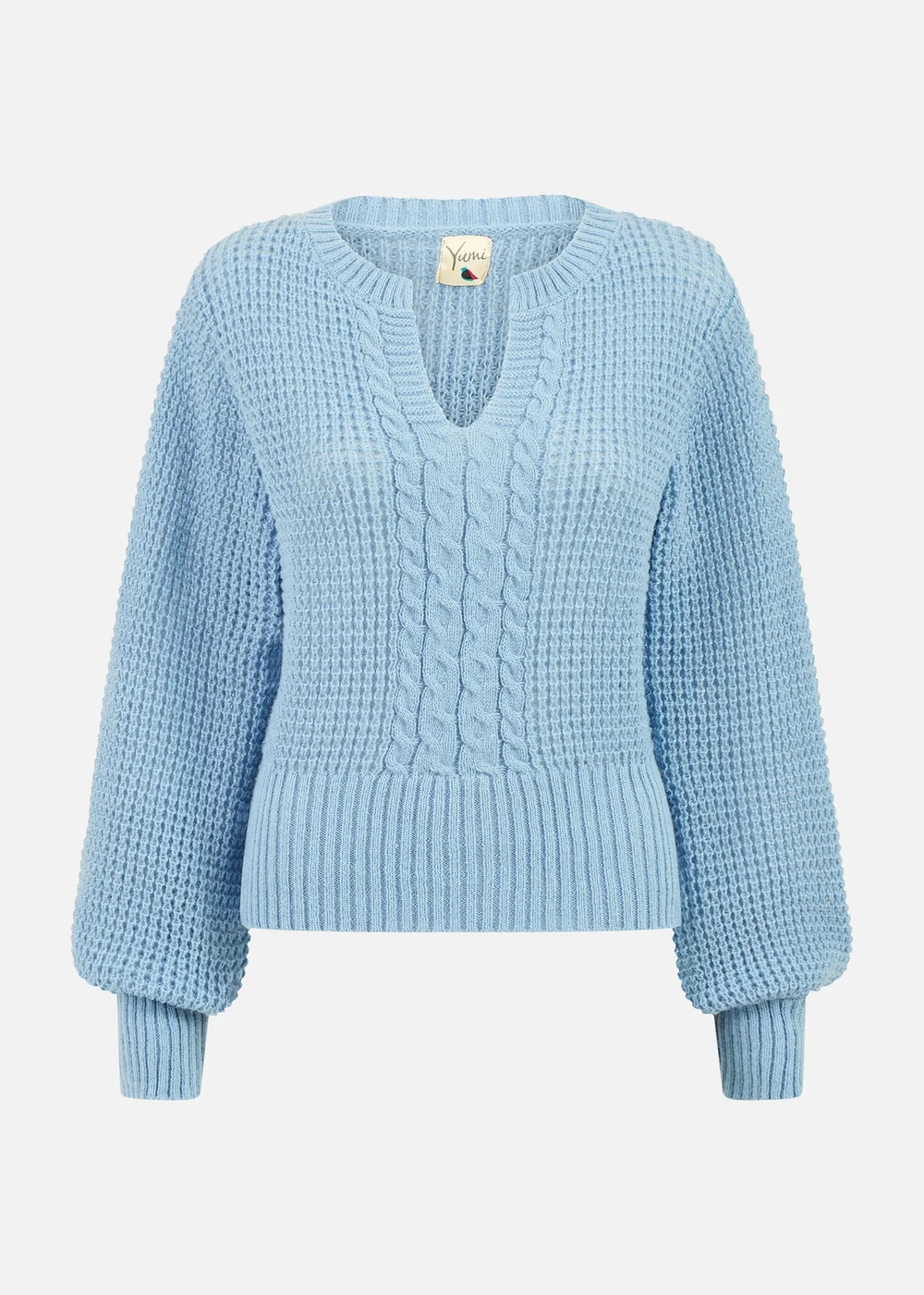 Yumi Blue Balloon Sleeve Cable Knit V Neck Jumper - S Image 3