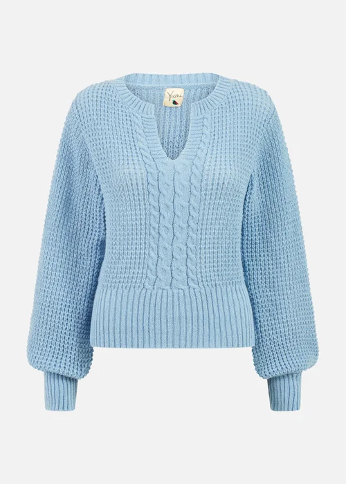 Yumi Blue Balloon Sleeve Cable Knit V Neck Jumper - S Image 3