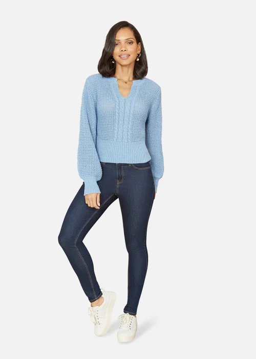 Yumi Blue Balloon Sleeve Cable Knit V Neck Jumper - S Image 1