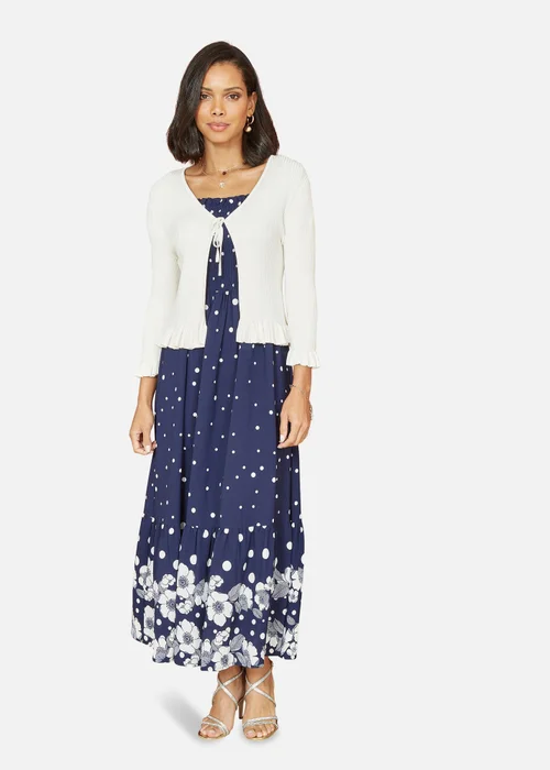 Yumi Ivory Tie Up Ribbed Cardigan With Frill Hem - M Image 1