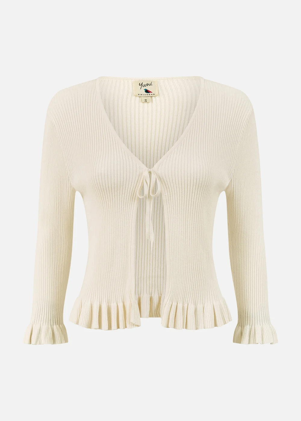 Yumi Ivory Tie Up Ribbed Cardigan With Frill Hem - M Image 3