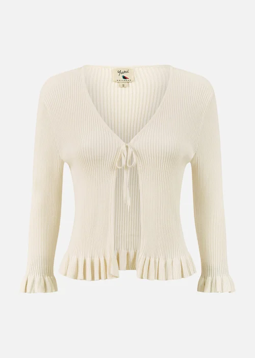 Yumi Ivory Tie Up Ribbed Cardigan With Frill Hem - M Image 3