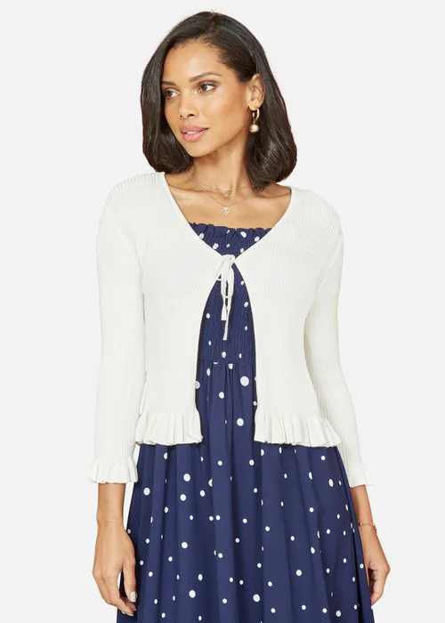Yumi Ivory Tie Up Ribbed Cardigan With Frill Hem - M Image 2