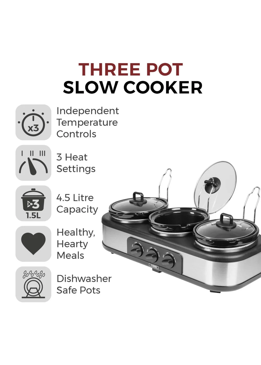 Tower Stainless Steel Three Pot Slow Cooker - One Size Image 2