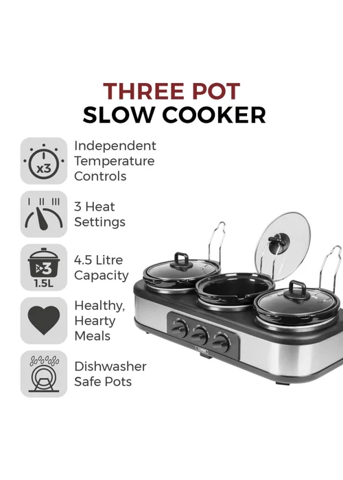 Tower Stainless Steel Three Pot Slow Cooker - One Size Image 2