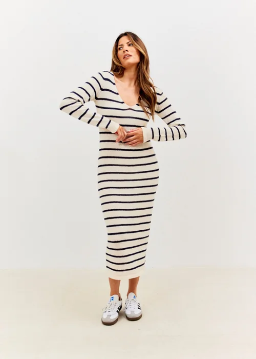 In The Style Cream Stripe Knit V-Neck Midi Dress - 6-8 Image 1