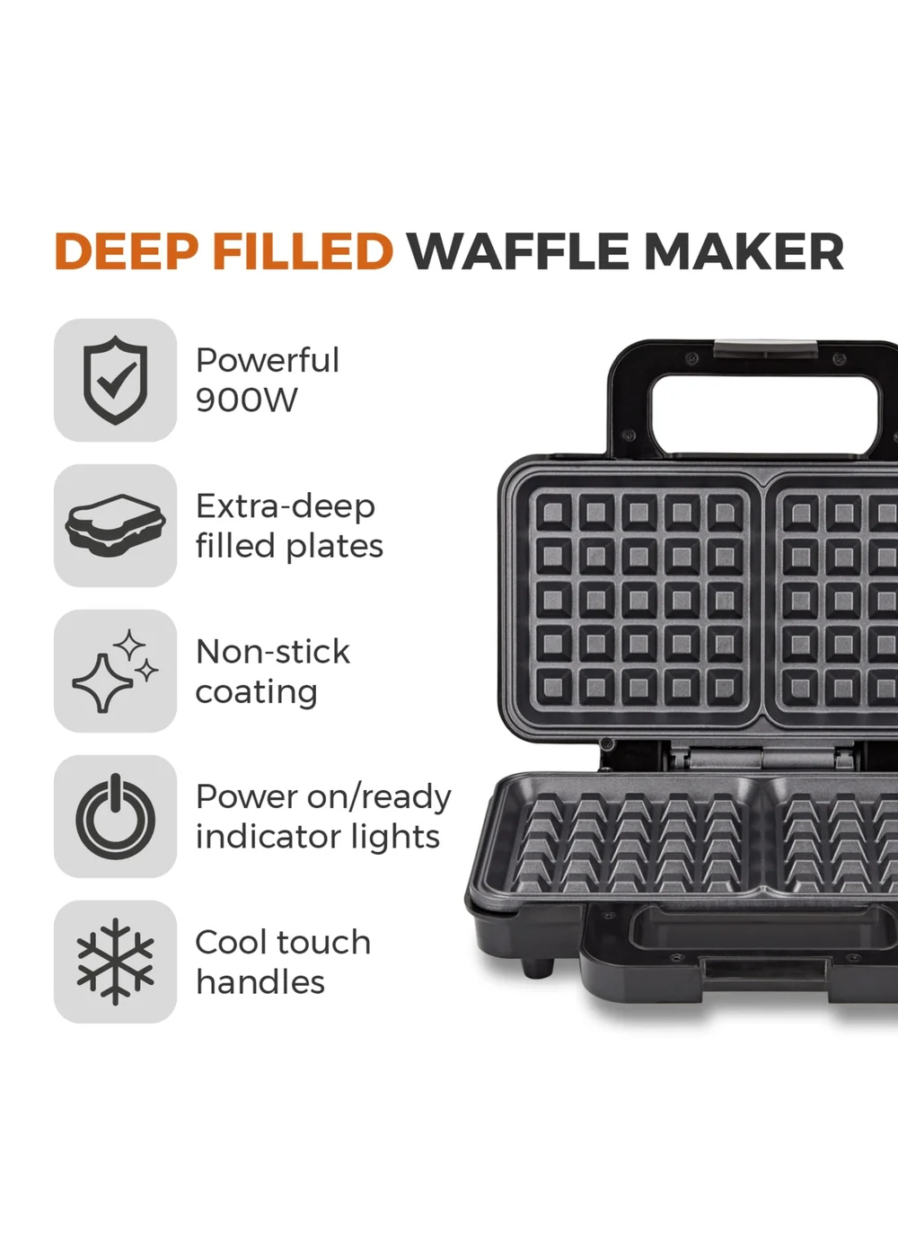 Tower Stainless Steel Deep Fill Waffle Maker (900W) - One Size Image 2