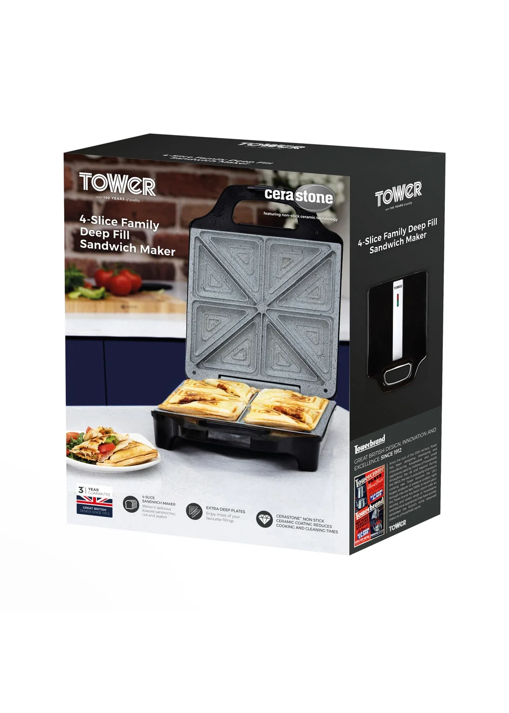 Tower Black Cerastone 4 Slice Deep Fill Sandwich Maker - One Size Image 3