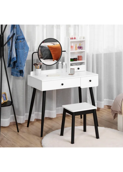 HOMCOM White Dressing Table Set with 3 Drawers (90cm x 45cm x 125.5cm) - One Size Image 1
