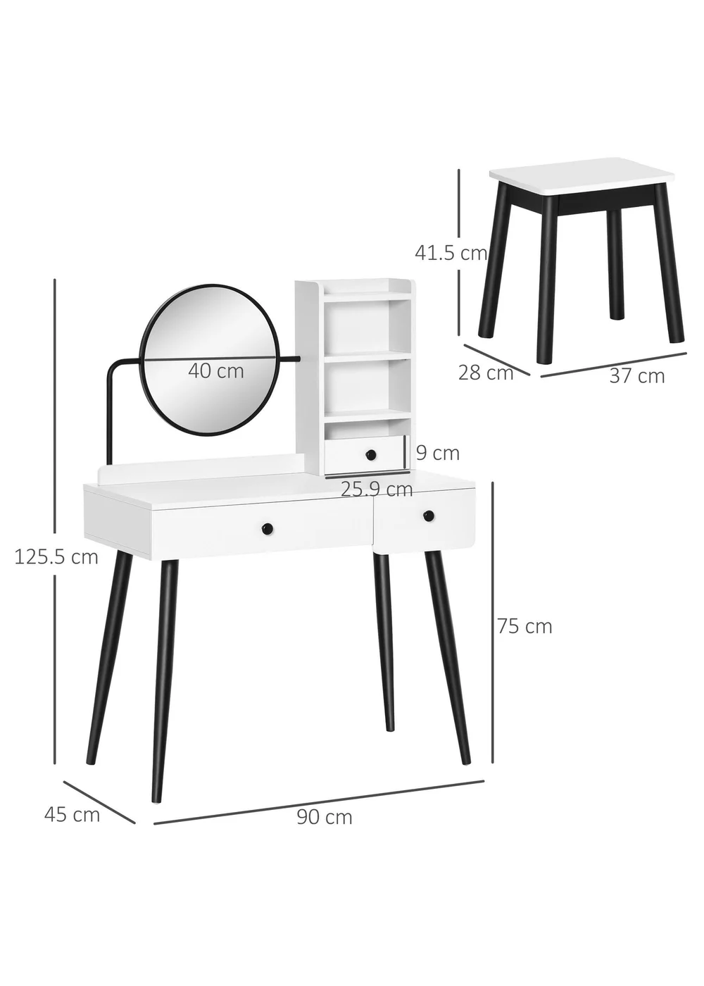 HOMCOM White Dressing Table Set with 3 Drawers (90cm x 45cm x 125.5cm) - One Size Image 3