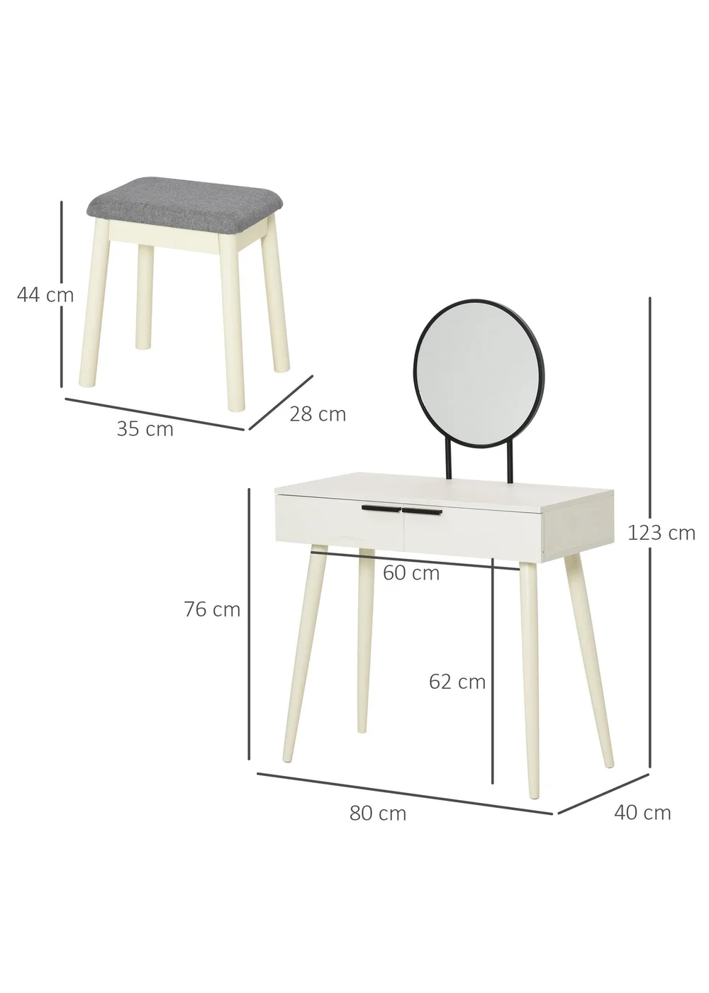HOMCOM White Dressing Table Vanity Set (80cm x 40cm x 123cm) - One Size Image 3