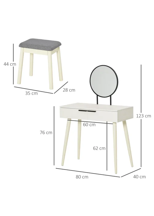 HOMCOM White Dressing Table Vanity Set (80cm x 40cm x 123cm) - One Size Image 3
