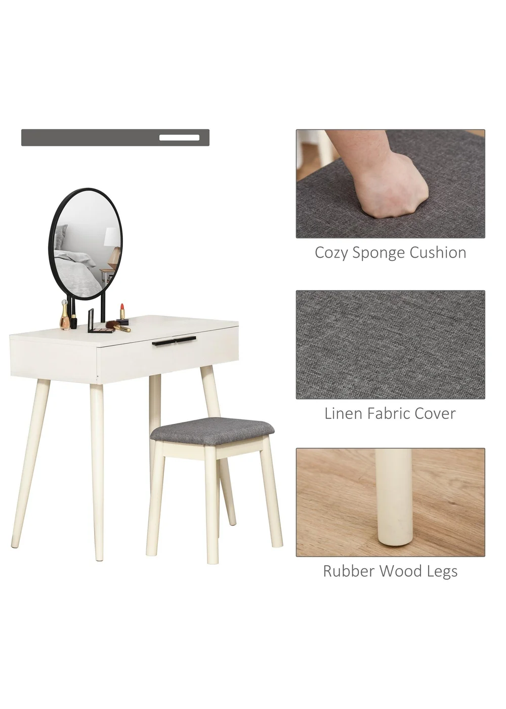 HOMCOM White Dressing Table Vanity Set (80cm x 40cm x 123cm) - One Size Image 5