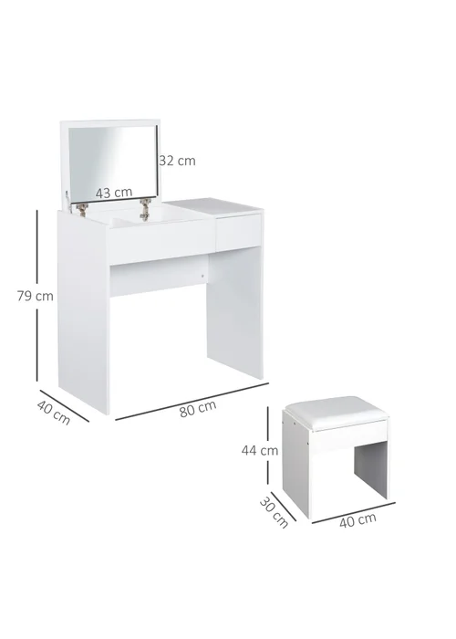 HOMCOM White Dressing Table Set with Flip-up Mirror (80cm x 40cm x 79cm) - No Size Image 3