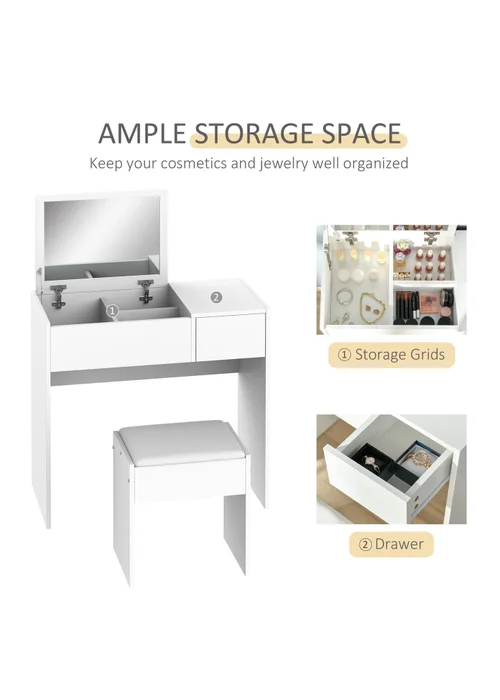 HOMCOM White Dressing Table Set with Flip-up Mirror (80cm x 40cm x 79cm) - No Size Image 5