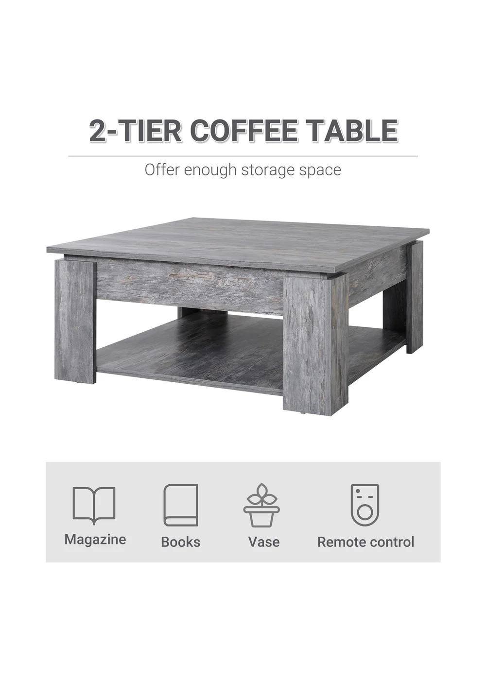 HOMCOM Grey 2 Tier Coffee Table (80cm x 80cm x 36cm) - One Size Image 4