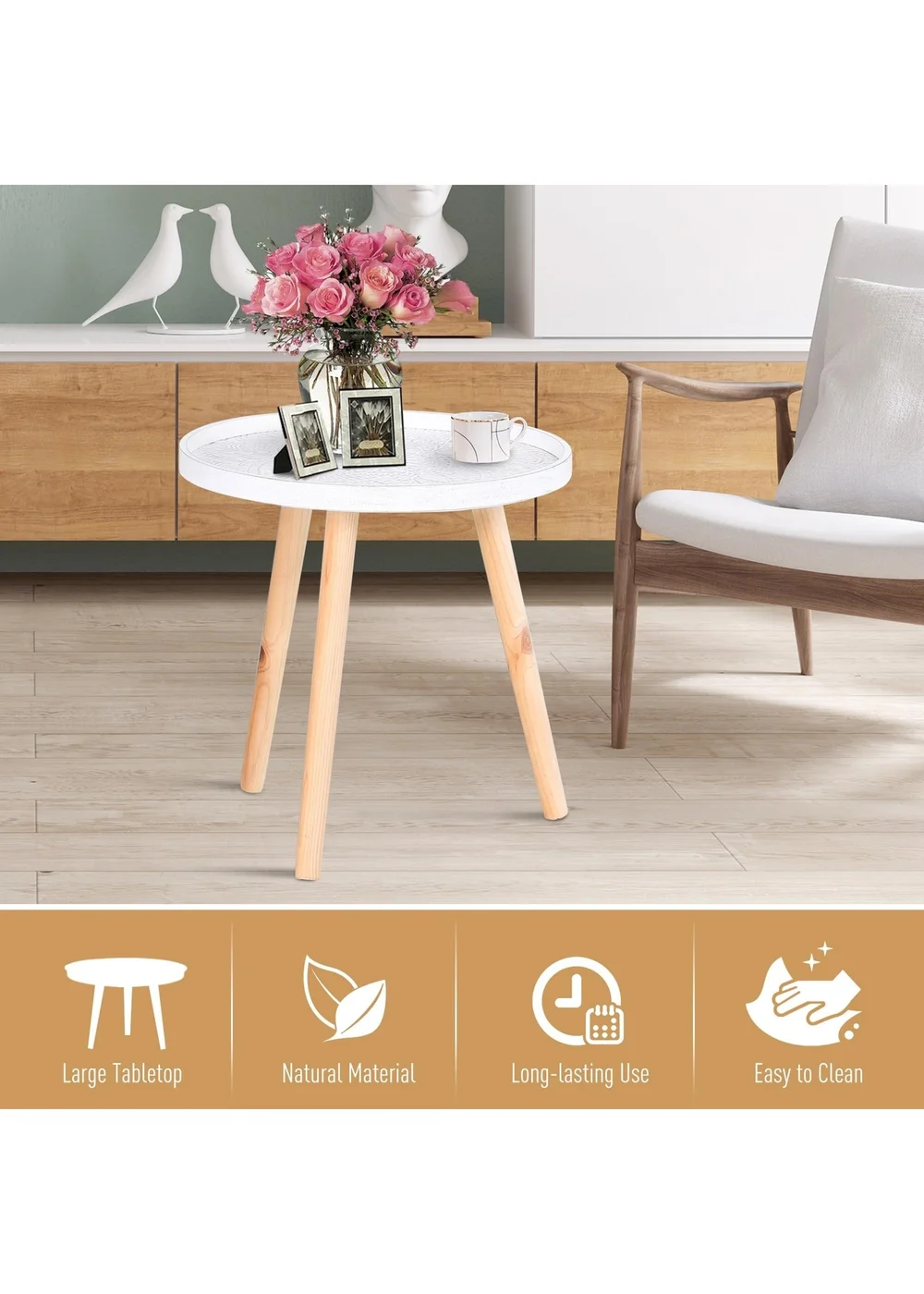 HOMCOM White Round Coffee Table W/ Wood Legs (40cm x 40cm x 40.5cm) - One Size Image 4