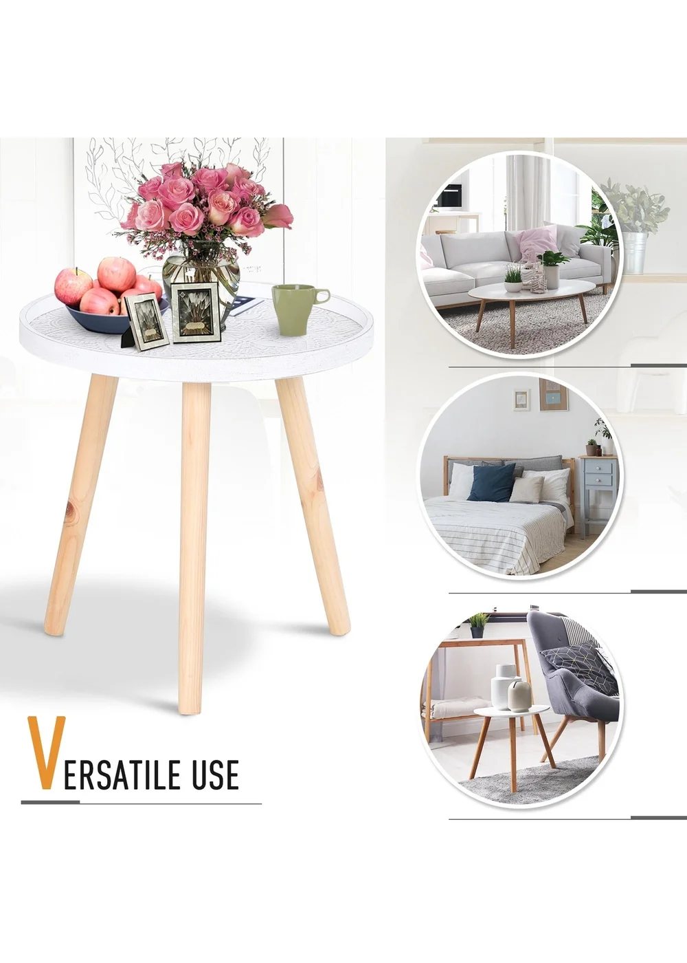 HOMCOM White Round Coffee Table W/ Wood Legs (40cm x 40cm x 40.5cm) - One Size Image 5