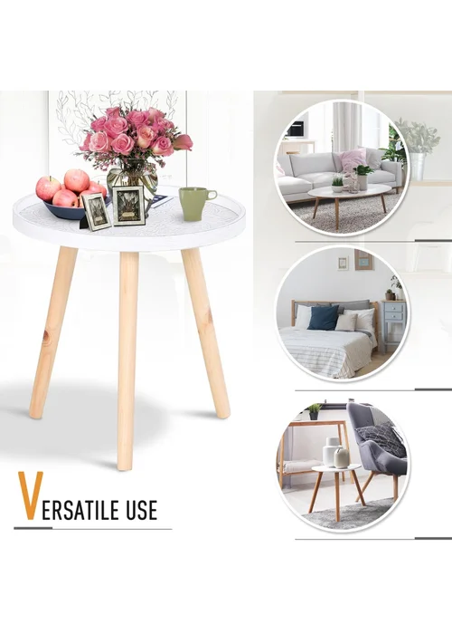 HOMCOM White Round Coffee Table W/ Wood Legs (40cm x 40cm x 40.5cm) - One Size Image 5