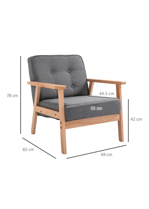 HOMCOM Grey Accent Chair Linen Armchair with Armrests (65cm x 69cm x 78cm) - No Size Image 3