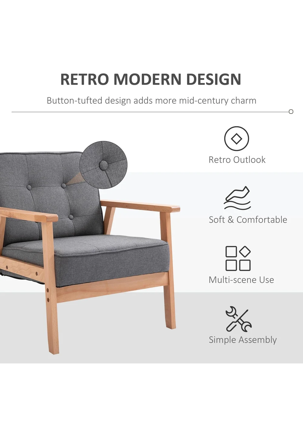 HOMCOM Grey Accent Chair Linen Armchair with Armrests (65cm x 69cm x 78cm) - No Size Image 4
