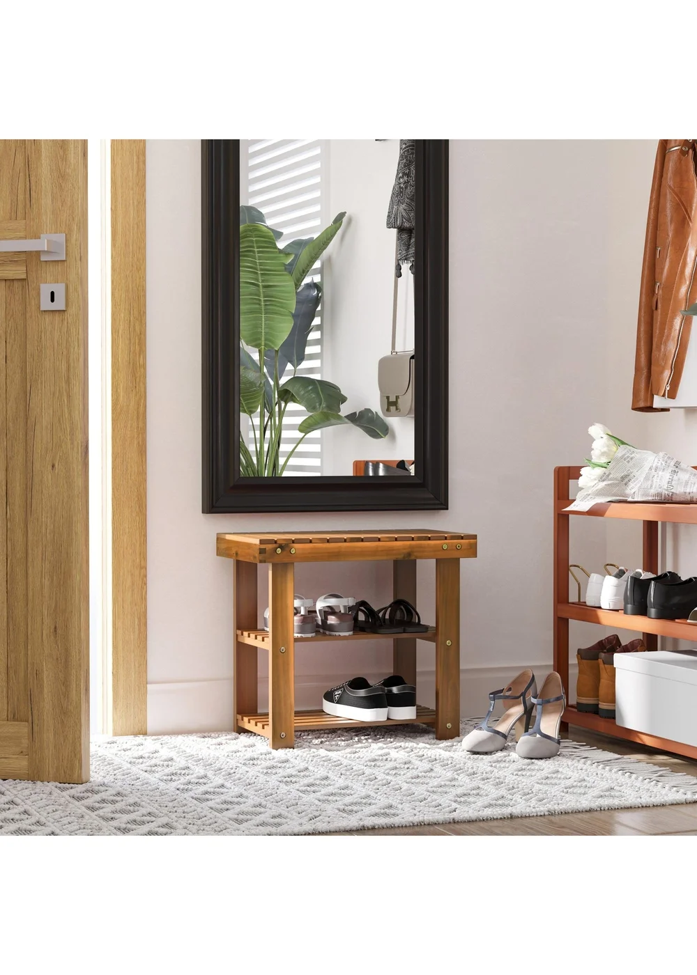 HOMCOM Natural 3-tier Shoe Rack Bench (50cm x 28cm x 45cm) - One Size Image 1