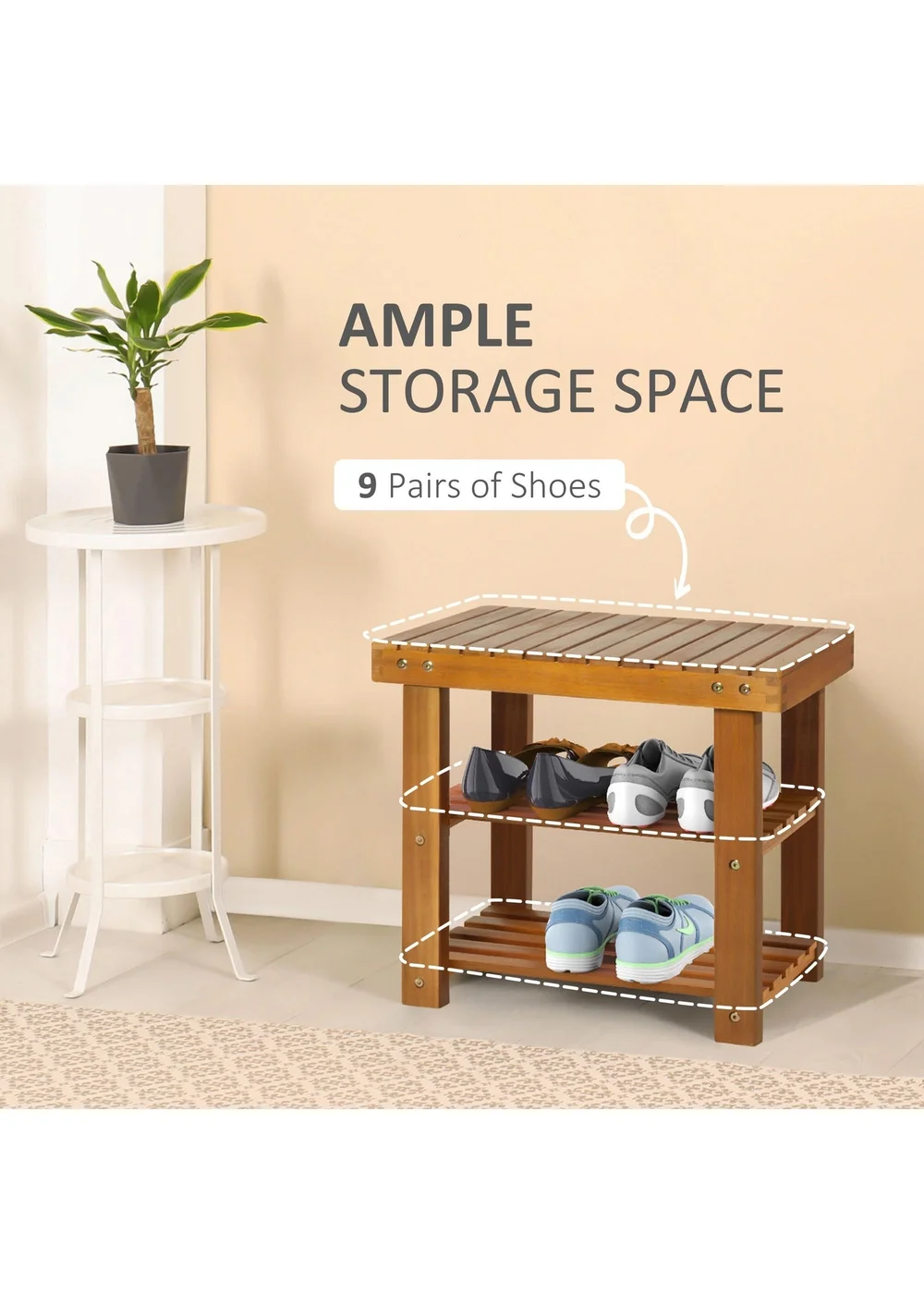 HOMCOM Natural 3-tier Shoe Rack Bench (50cm x 28cm x 45cm) - One Size Image 5