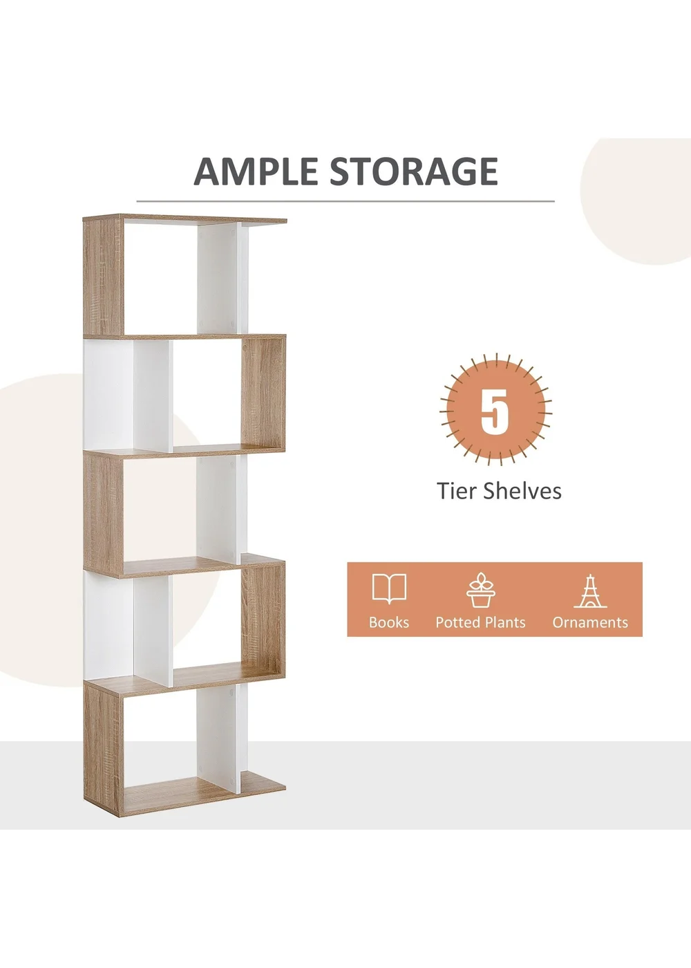 HOMCOM Natural 5-tier Display Shelving Bookcase (60cm x 24cm x 184.5cm) - One Size Image 5