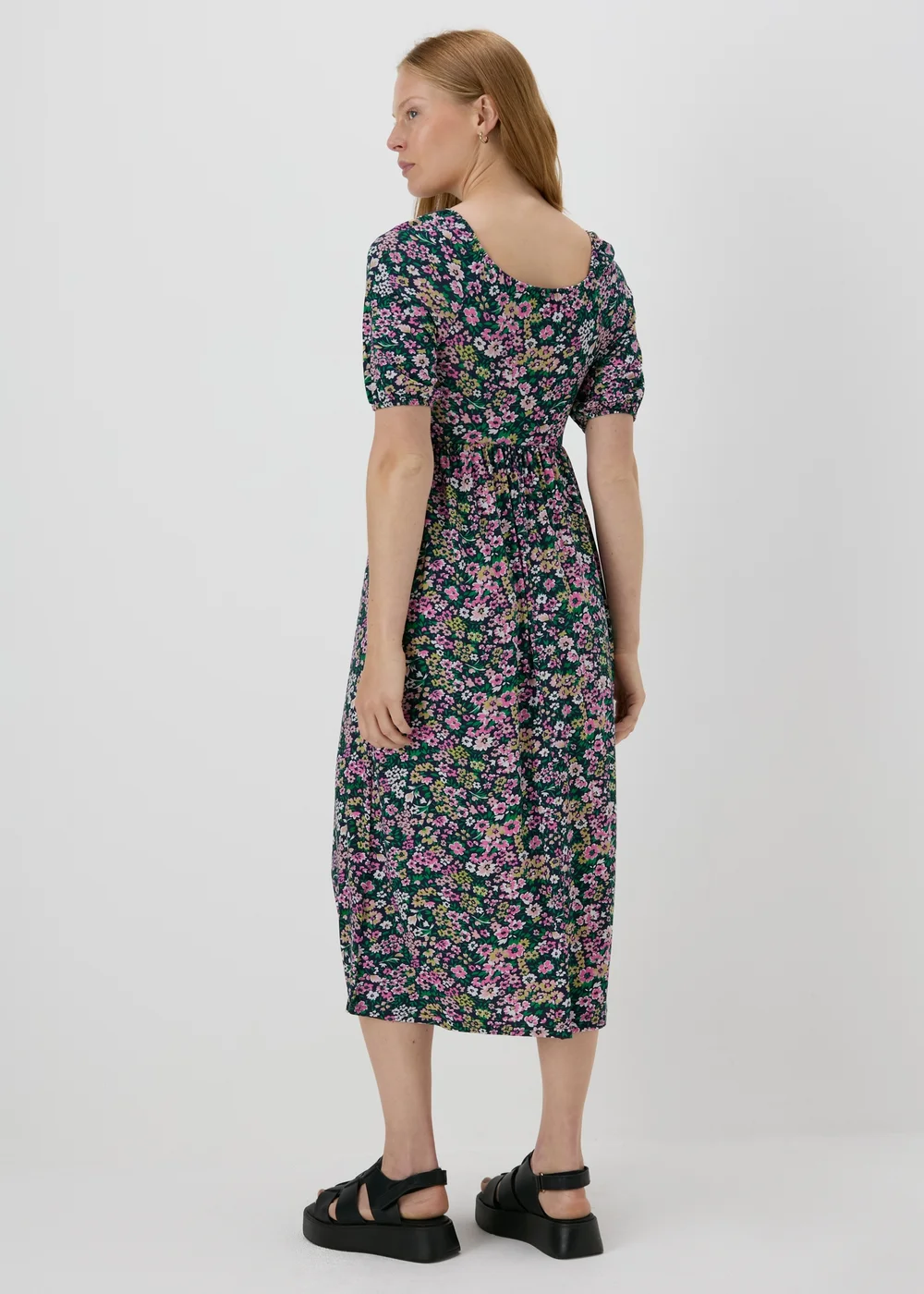 Multicolour Floral Square Neck Shirred Midi Dress - 8 Image 2